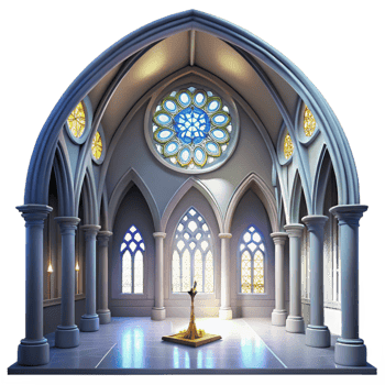 vibrant modern Gothic cathedral interior, stained glass rose window, shafts of light, ethereal atmosphere, hyperrealistic, Gothic Revival style original png