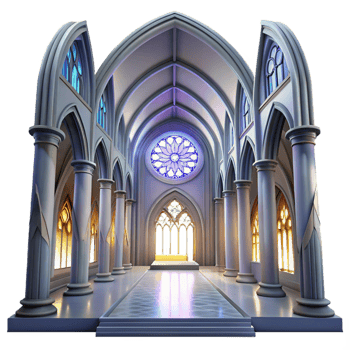 wonderful minimalist Gothic cathedral interior, stained glass rose window, shafts of light, ethereal atmosphere, hyperrealistic, Gothic Revival style detailed png
