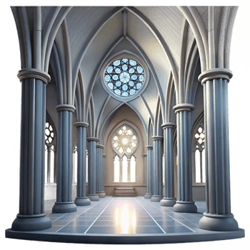 extraordinary contemporary Gothic cathedral interior, stained glass rose window, shafts of light, ethereal atmosphere, hyperrealistic, Gothic Revival style high resolution png