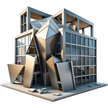 impressive classic Deconstructivist office building, fragmented forms, sharp angles, dramatic shadows, metallic textures, photorealistic, Deconstructivist style premium png