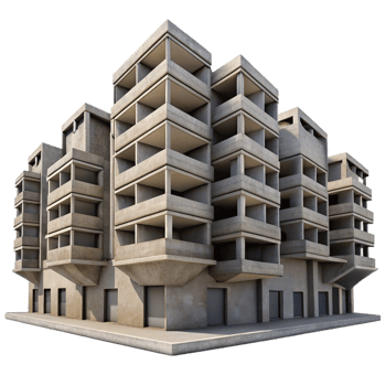 elegant abstract Brutalist apartment complex, exposed concrete, repetitive geometric patterns, overcast sky, gritty, Brutalist style authentic png