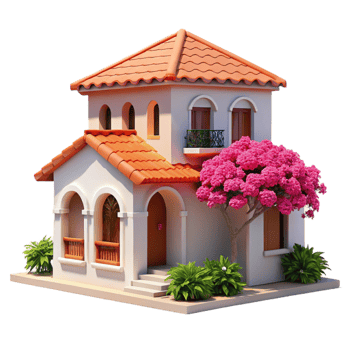 elegant creative Mediterranean villa, terracotta roof tiles, white stucco walls, vibrant bougainvillea, sunny, Mediterranean Revival style high resolution png