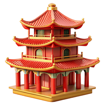 serene rustic Chinese pagoda, multi-tiered structure, red and gold details, ornate roofline, vibrant, Chinese architecture style original png