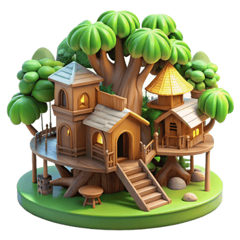 stunning creative Treehouse village, interconnected wooden platforms, lush foliage, warm sunlight, whimsical, fantasy style high quality png