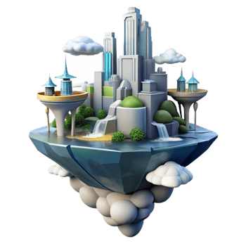wonderful rustic Floating island city, futuristic architecture, waterfalls cascading down, clouds below, utopian, fantasy style premium png
