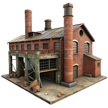 beautiful contemporary Abandoned industrial factory, decaying brick walls, broken windows, rusty metal, eerie atmosphere, urban decay style original png