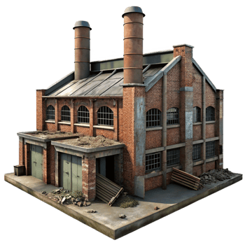 magnificent artistic Abandoned industrial factory, decaying brick walls, broken windows, rusty metal, eerie atmosphere, urban decay style authentic png