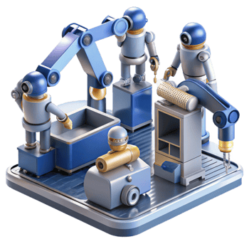 dramatic classic A group of robots working in a futuristic factory, assembling complex machinery, illuminated by the warm glow of industrial lighting. Sci-fi style, photorealistic render detailed png