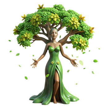 beautiful contemporary An elegant dryad emerging from a giant oak tree, adorned with leaves and vines, sunlight dappling through the canopy. Impressionistic style, soft focus original png