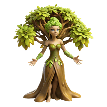 wonderful contemporary An elegant dryad emerging from a giant oak tree, adorned with leaves and vines, sunlight dappling through the canopy. Impressionistic style, soft focus high quality png