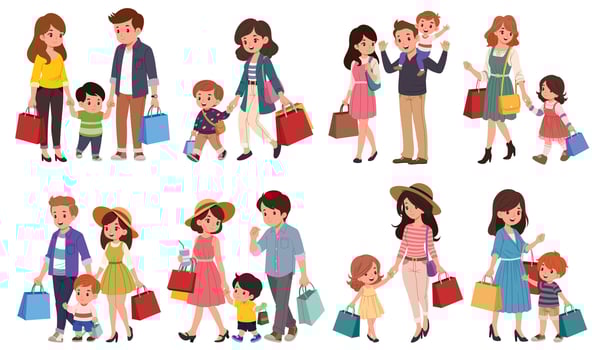 Families shopping with bags, busy city scene, retail therapy concept, diverse individuals, urban lifestyle, consumerism, modern shopping experience. vector