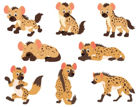 Eight cartoon hyenas in different poses, perfect for children's book illustrations, wildlife themed designs, and playful character creations. vector