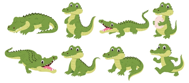 Eight cartoon green crocodiles in various poses, perfect for childrens book illustrations, educational materials, or wildlifethemed designs. Vibrant and playful characters. vector