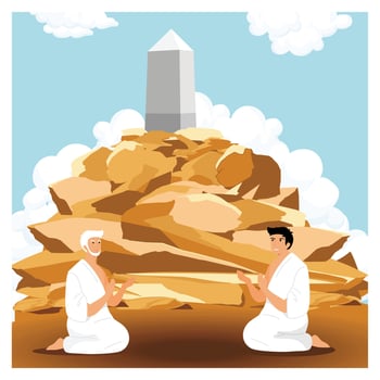 Islamic Hajj Pilgrimage concept. Hajj rituals, Two pilgrims praying at Arafat. vector