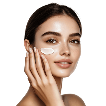 Professional Beauty Shot Woman Applying Moisturizer with Smooth Skin Texture png