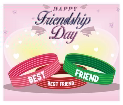 Friendship Day greeting card, happy friendship holiday. Three rubber bracelets for friends. vector