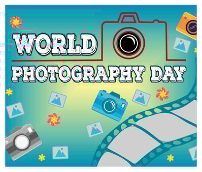 Celebrate World Photography Day with Colorful Camera and Filmstrip Design. vector
