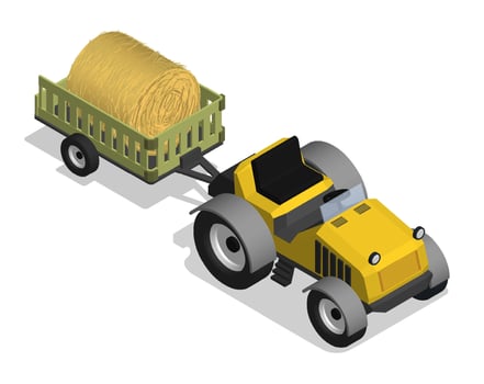 Isometric agricultural tractor with cart and roll of hay. Transport and equipment for transporting agricultural products on field. Realistic cartoon 3d image isolated on white background vector