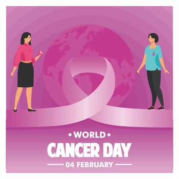 World Cancer Day Campaign with Two Women and Ribbon Symbol. vector