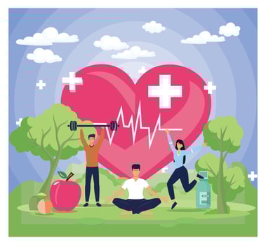 World Health Day concept with people are exercising, yoga, living healthy. vector