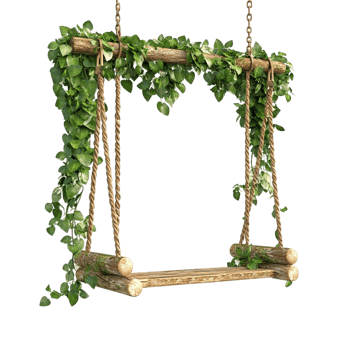 A charming wooden swing set adorned with lush greenery, perfect for a cozy outdoor space. png