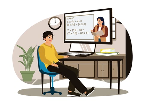 Young student watching lesson online and studying from home. vector