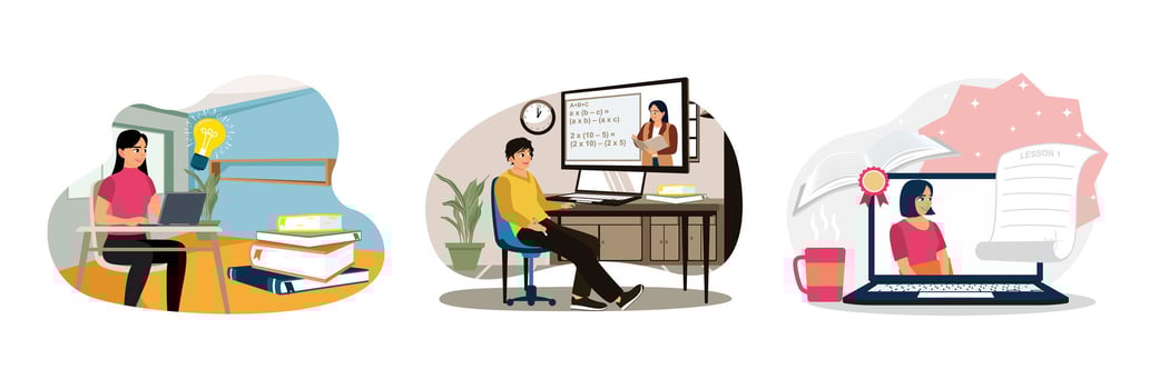 Young students take online educational courses or training using laptops from home. vector