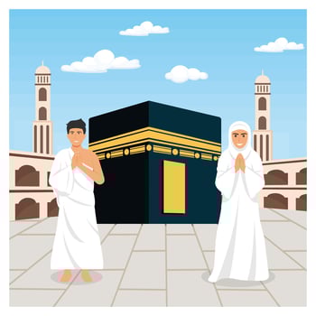 Muslim man and woman praying in front of Kaaba. vector