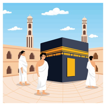 People Tawaf walking around Kaaba seven times. Hajj and umrah. vector