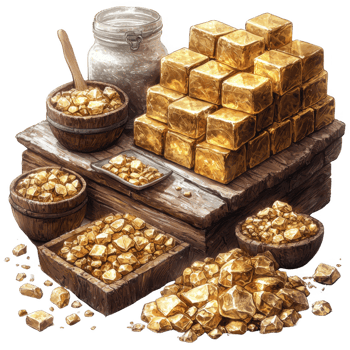 rustic wooden table displays assortment of gold nuggets and bars, with jar of rice in background, creating contrast between wealth and simplicity png