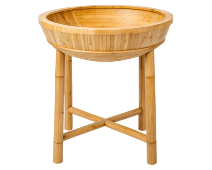 Round bamboo bowl on a stand on a transparent background png