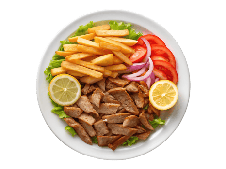 Delicious gyros plate with fries, tomatoes, onions, and lemon. png