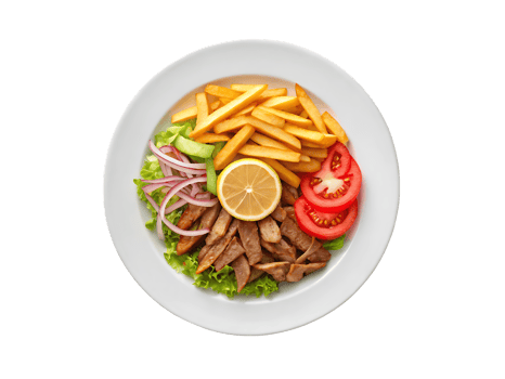 Overhead view of a gyro plate with fries, salad, and lemon. png