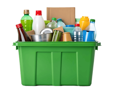 Green recycling bin full of various recyclable materials. png