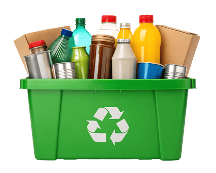 Green recycling bin full of various recyclable materials, png