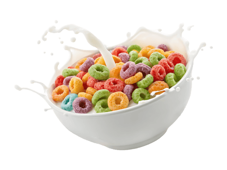 Colorful cereal rings in a bowl with milk splash. png