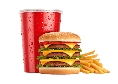Triple cheeseburger, fries, and soda. png