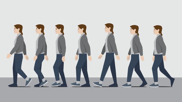 Animation of a woman in grey jacket and pants with hands walking in side view showing the step cycle sequence vector