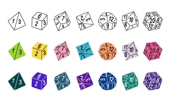 D8 D10 D12 D20 Dice for Board games, RPG dice set for table game illustration , hand drawn flat style illustration isolate on white . vector
