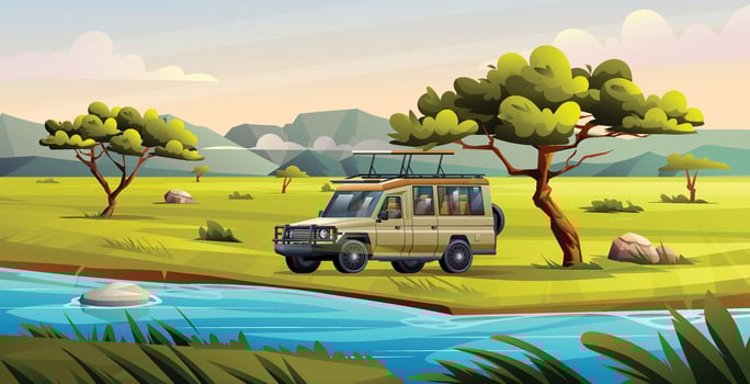Safari vehicle parked by a riverbank, surrounded by the lush savanna landscape. Cartoon landscape illustration vector