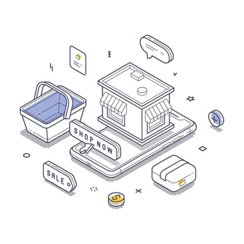 Online marketplace with shopping elements in isometric line art design vector