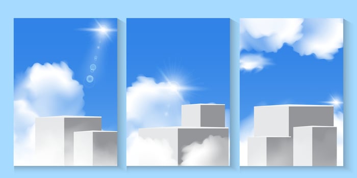three vertical blue sky banners poster with clouds and sky and podium for product vector