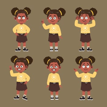 Cute African Girl with afro hair Cartoon Character in different poses Collections Set vector