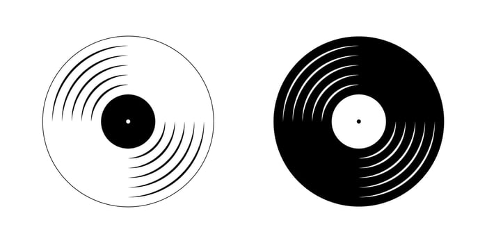 Black and white vinyl record plates icons. Turntable LP or long play music discs. DJ equipment for techno party. 70s 80s 90s discotheque nostalgia concept. graphic illustration vector