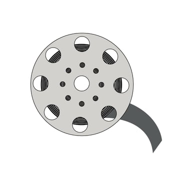 Vintage film reel with unwinding tape on white background, classic cinema equipment illustration vector