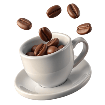 Coffee Beans Falling into a White Cup and Saucer a Delightful Image png
