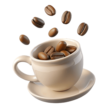 A beige coffee cup with coffee beans falling into it on a saucer png