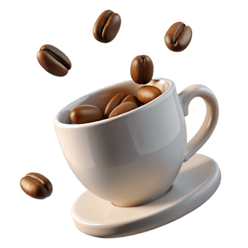 Coffee Beans Falling into a White Cup on a Saucer png