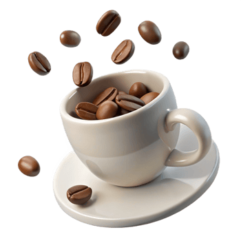 A delightful image of coffee beans falling into a beige coffee cup and saucer png
