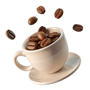 Creamy Coffee Cup with Roasted Coffee Beans Falling in Slow Motion png